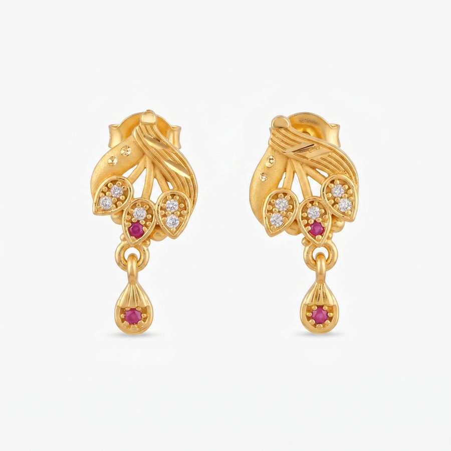 Floral Leaf Ruby Drop Earrings