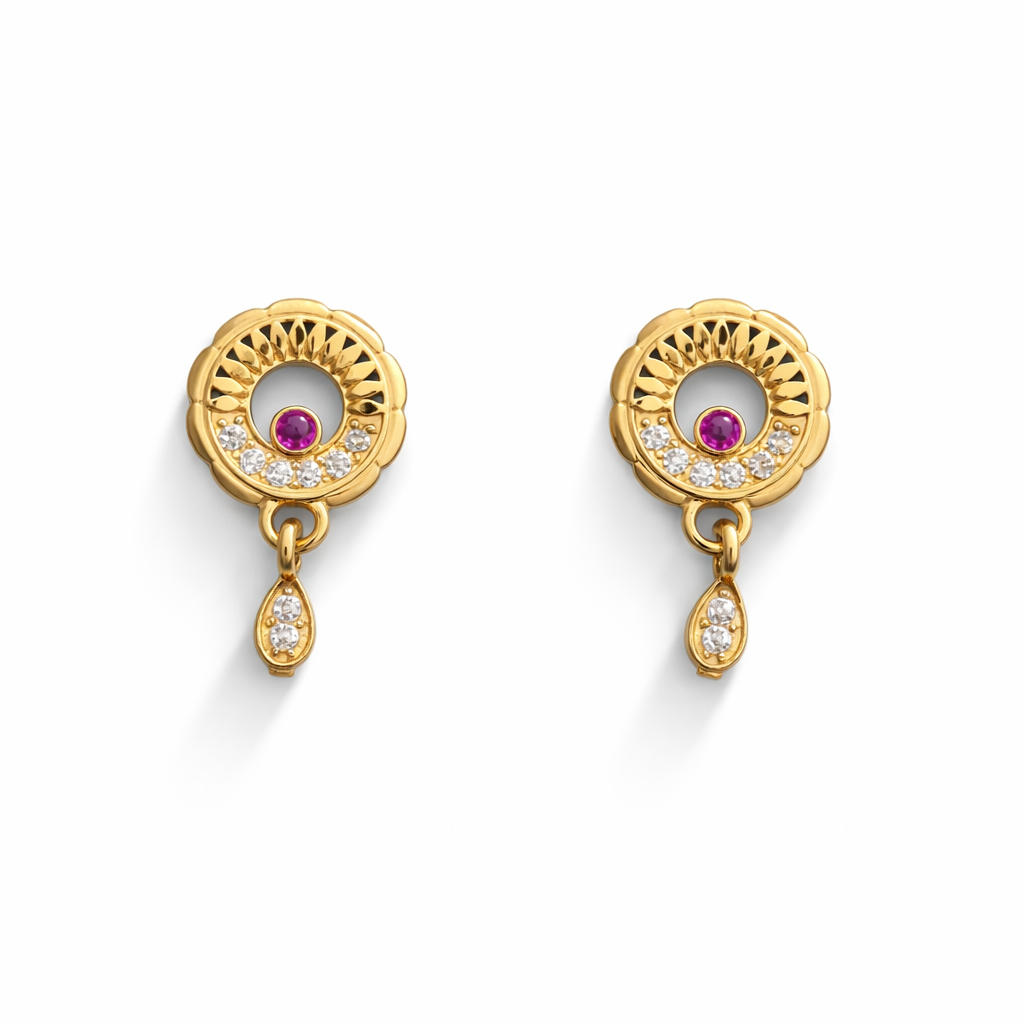 Ruby Halo Gold Drop Earrings