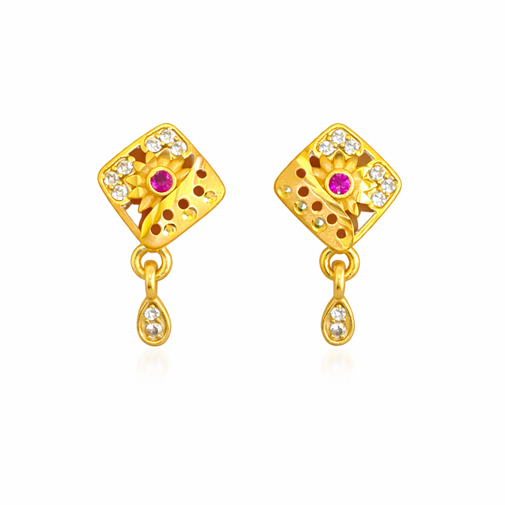 Gold Floral Square Drop Earrings Main image
