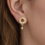Ruby Halo Gold Drop Earrings