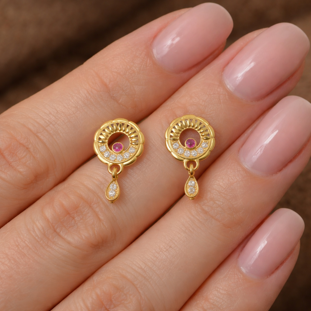 Ruby Halo Gold Drop Earrings