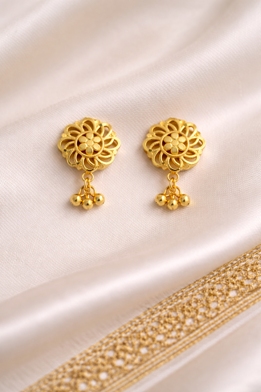 Floral Gold Drop Stud Earrings Secondary image