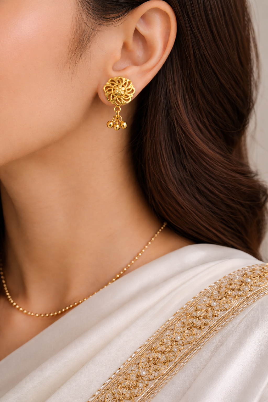 Floral Gold Drop Stud Earrings Secondary image