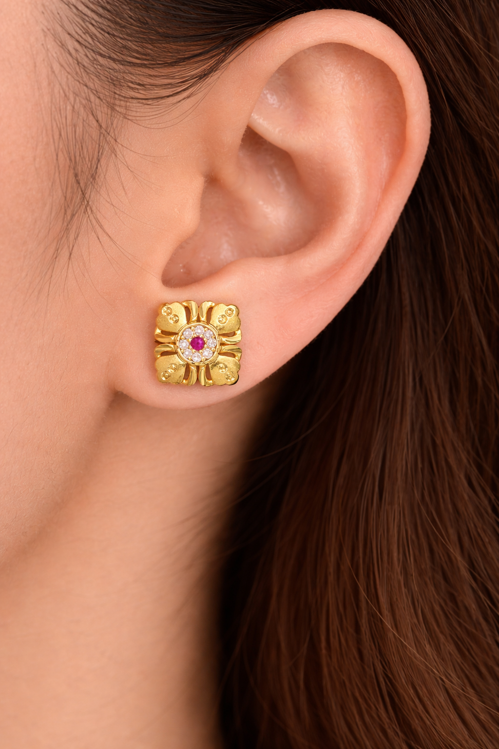 Gold Floral Square Stud Earrings