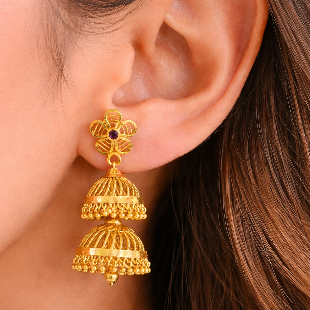 Gold Floral Double Jhumka Earrings