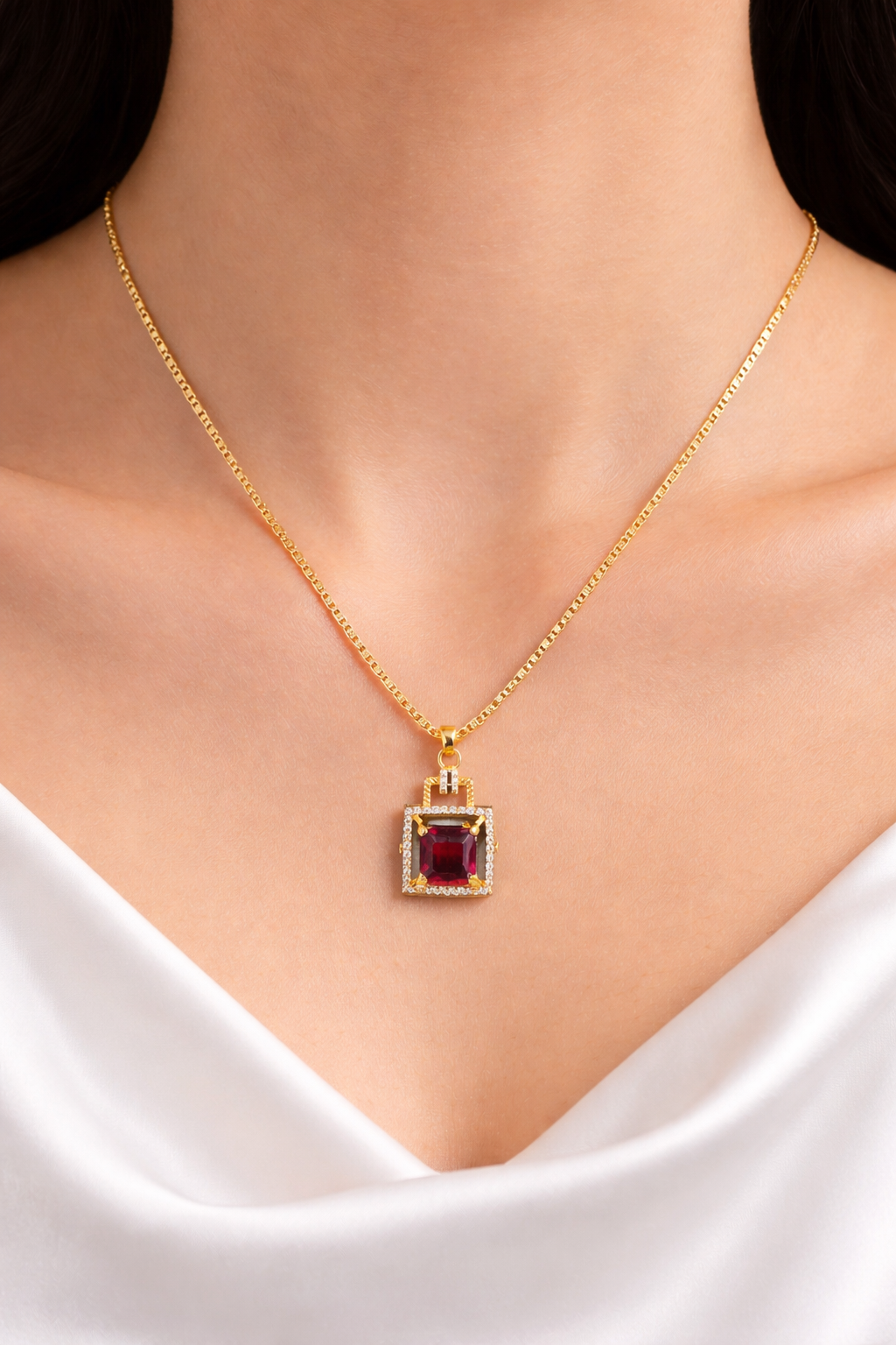 Elegant Ruby Stone Pendant Gold Necklace