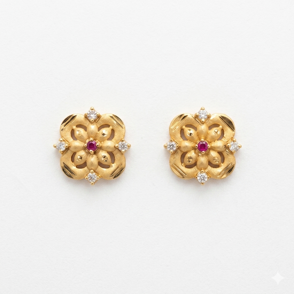Royal Floral Ruby Gold Stud Earrings Main image