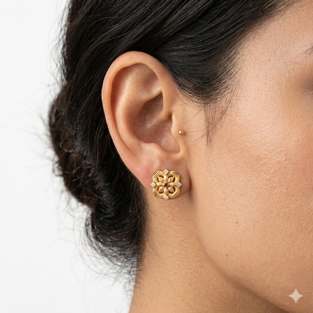 Royal Floral Ruby Gold Stud Earrings Secondary image