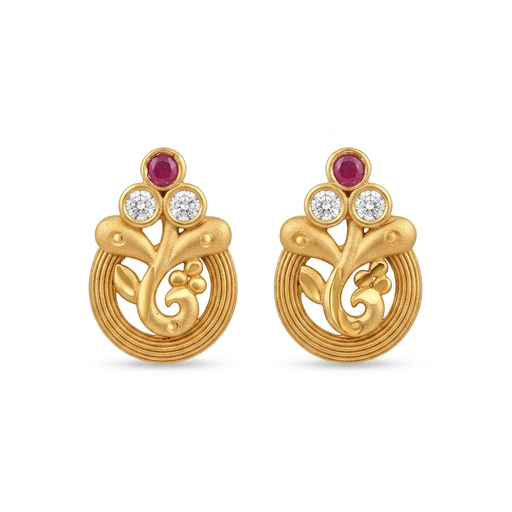 Gold Floral Stone Stud Earrings