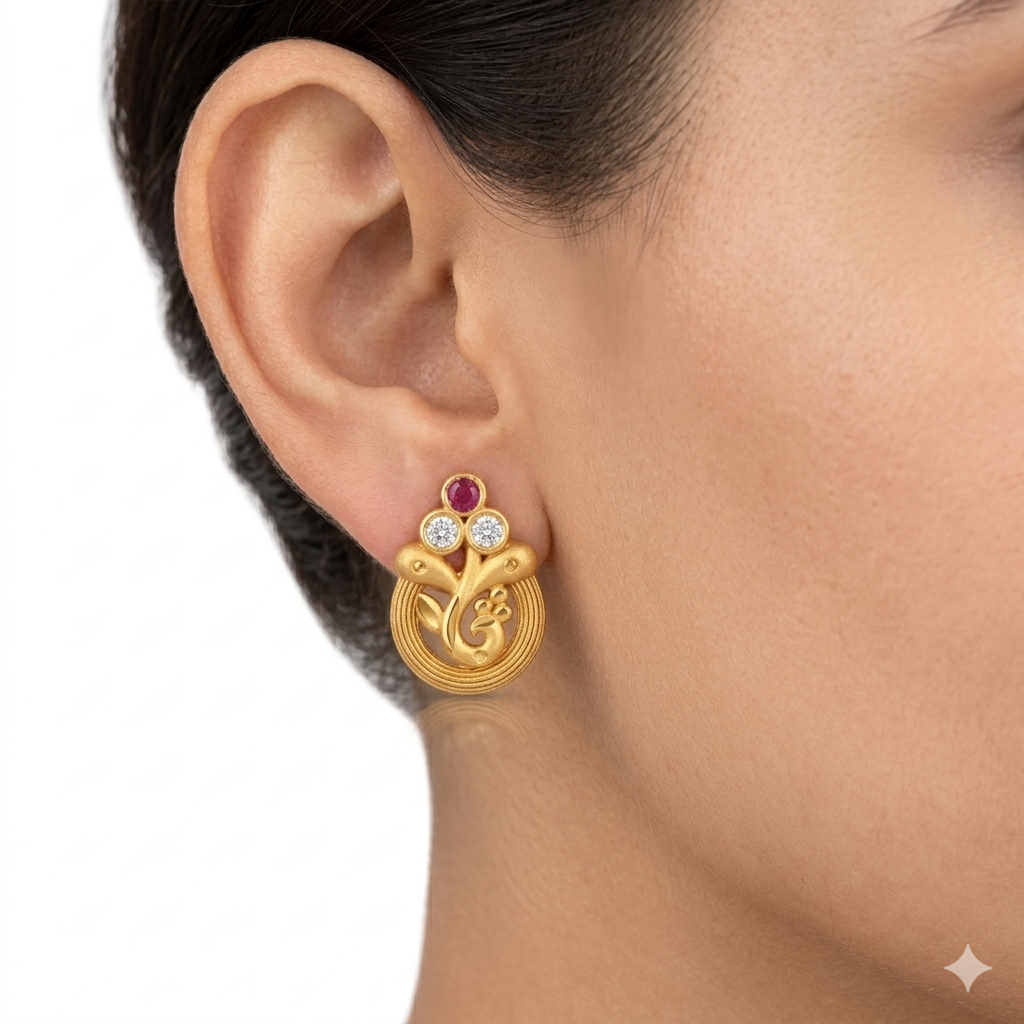 Gold Floral Stone Stud Earrings Secondary image