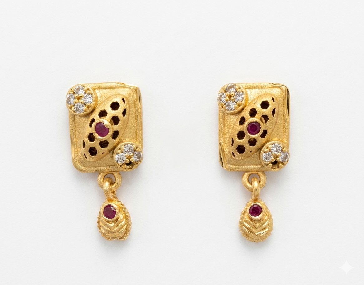 Ruby Accent Designer Gold Drop Earrings Main image