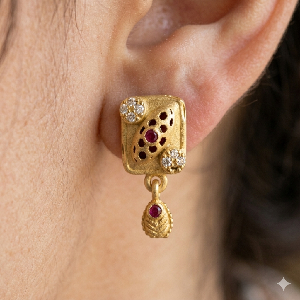 Ruby Accent Designer Gold Drop Earrings