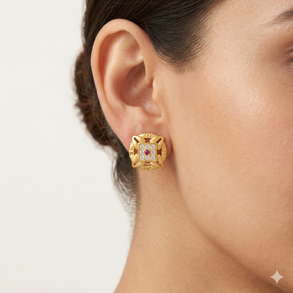Traditional Square Floral Gold Earrings