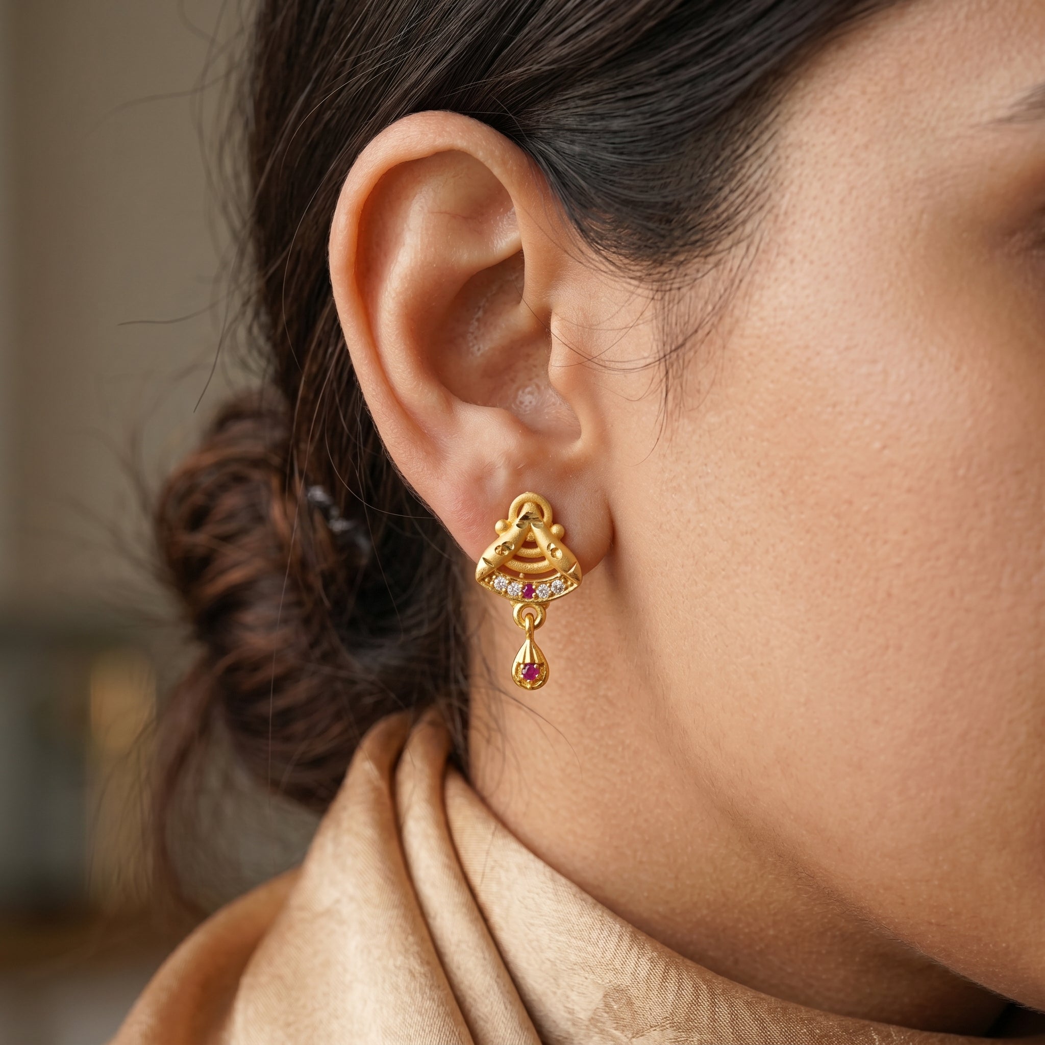 Ruby Accent Temple Drop Earrings Secondary image