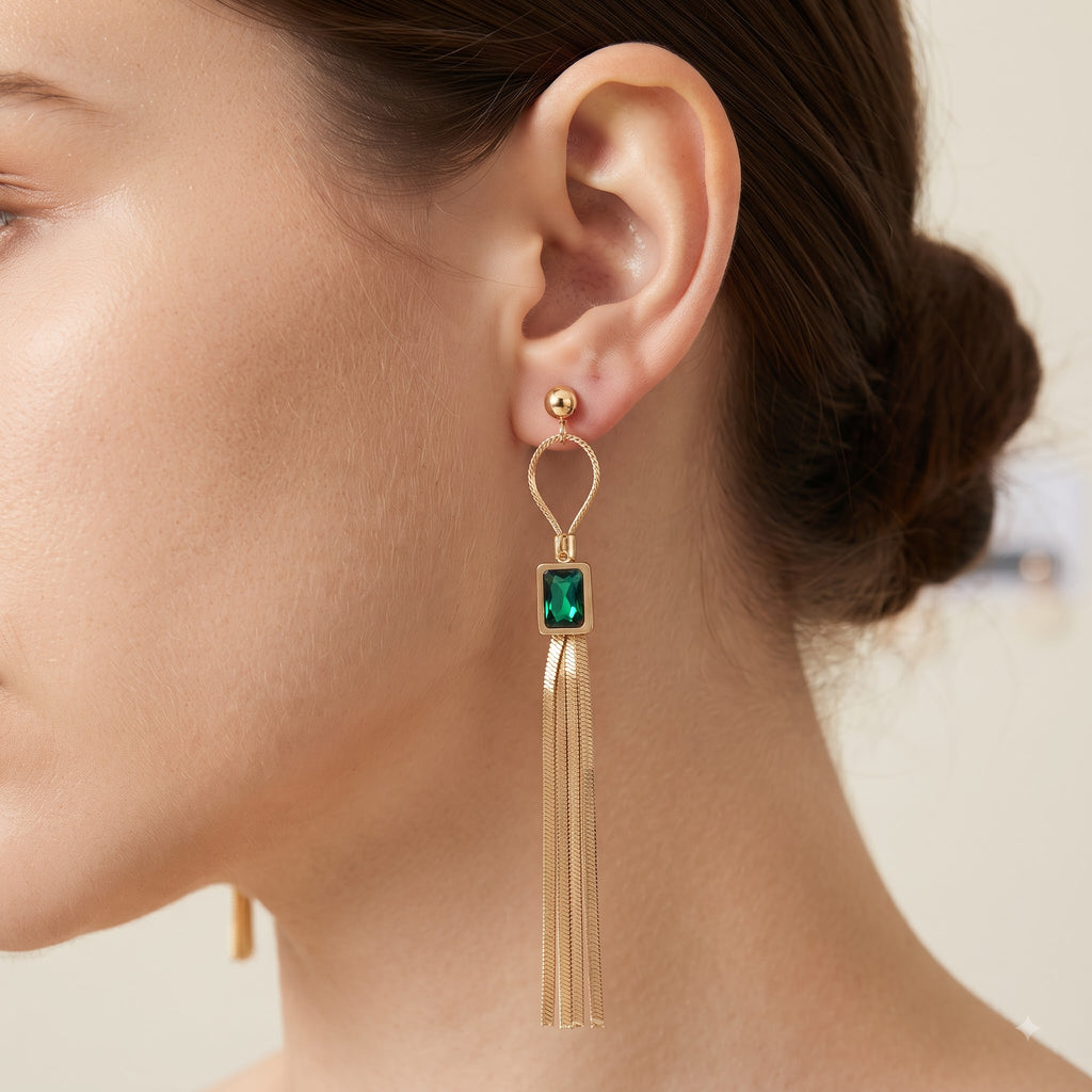 Emerald Green Gemstone Chain Tassel Earrings