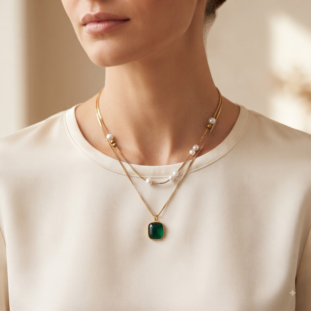 Emerald Pearl Layered Necklace