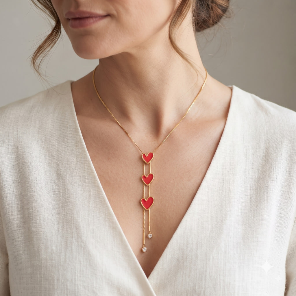 Trio Red Heart Cascade Necklace