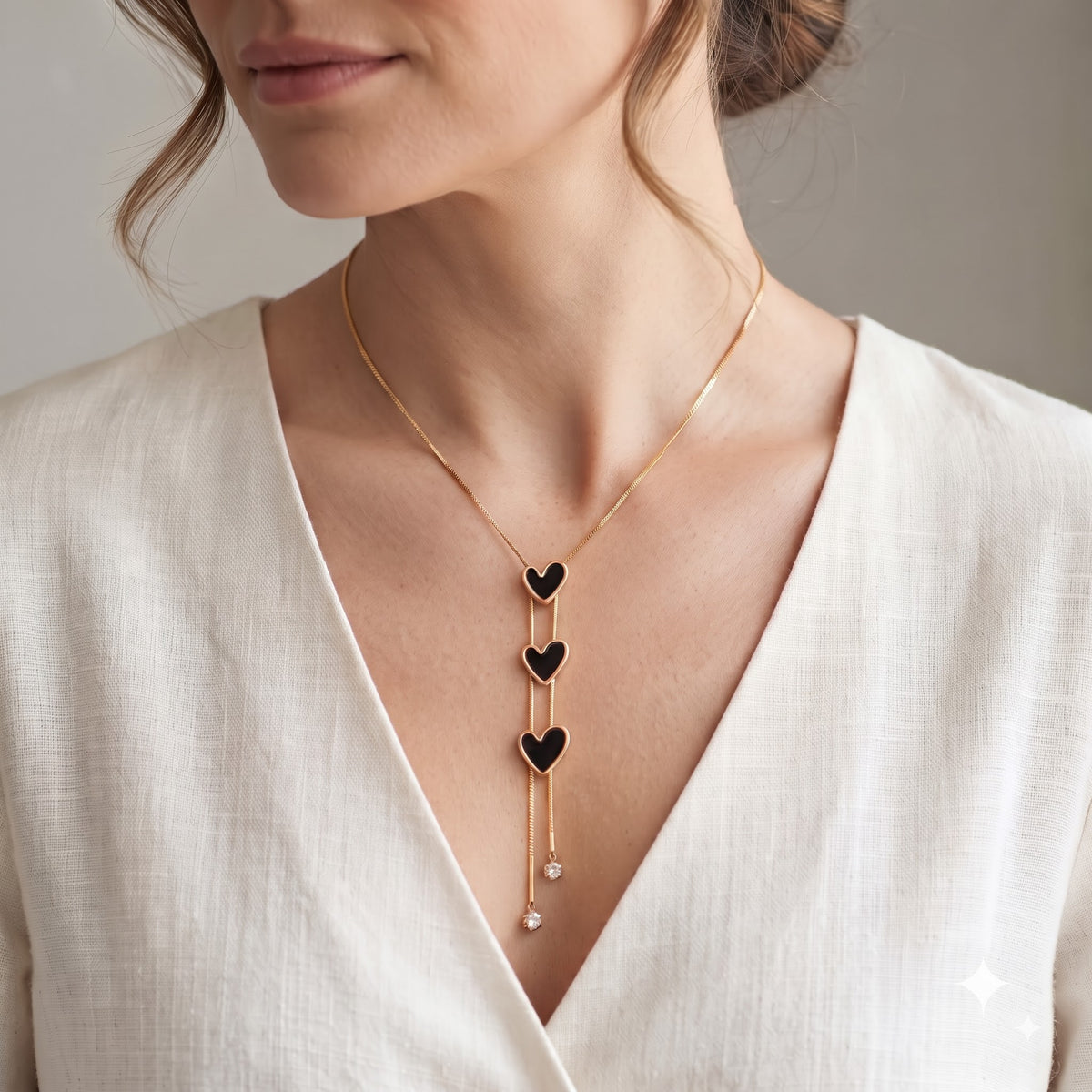 Trio Black Heart Cascade Necklace