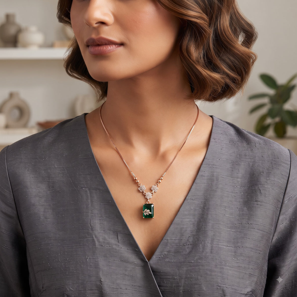 Rose Gold Emerald Floral Pendant Necklace