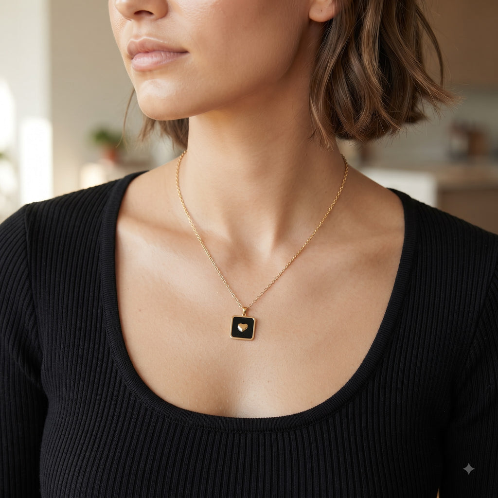 Rose Gold Black Heart Frame Necklace