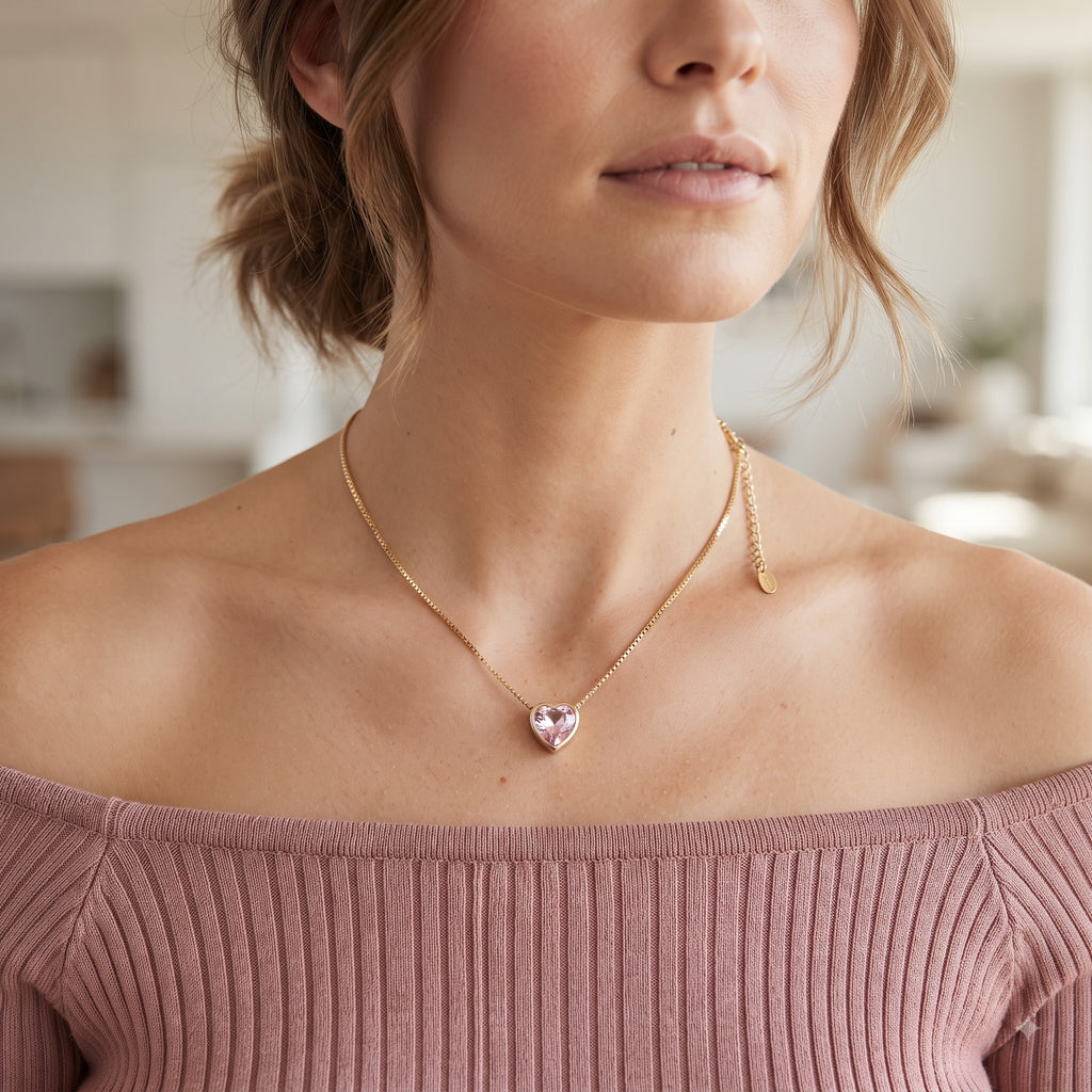 Pink Heart Crystal Pendant Necklace
