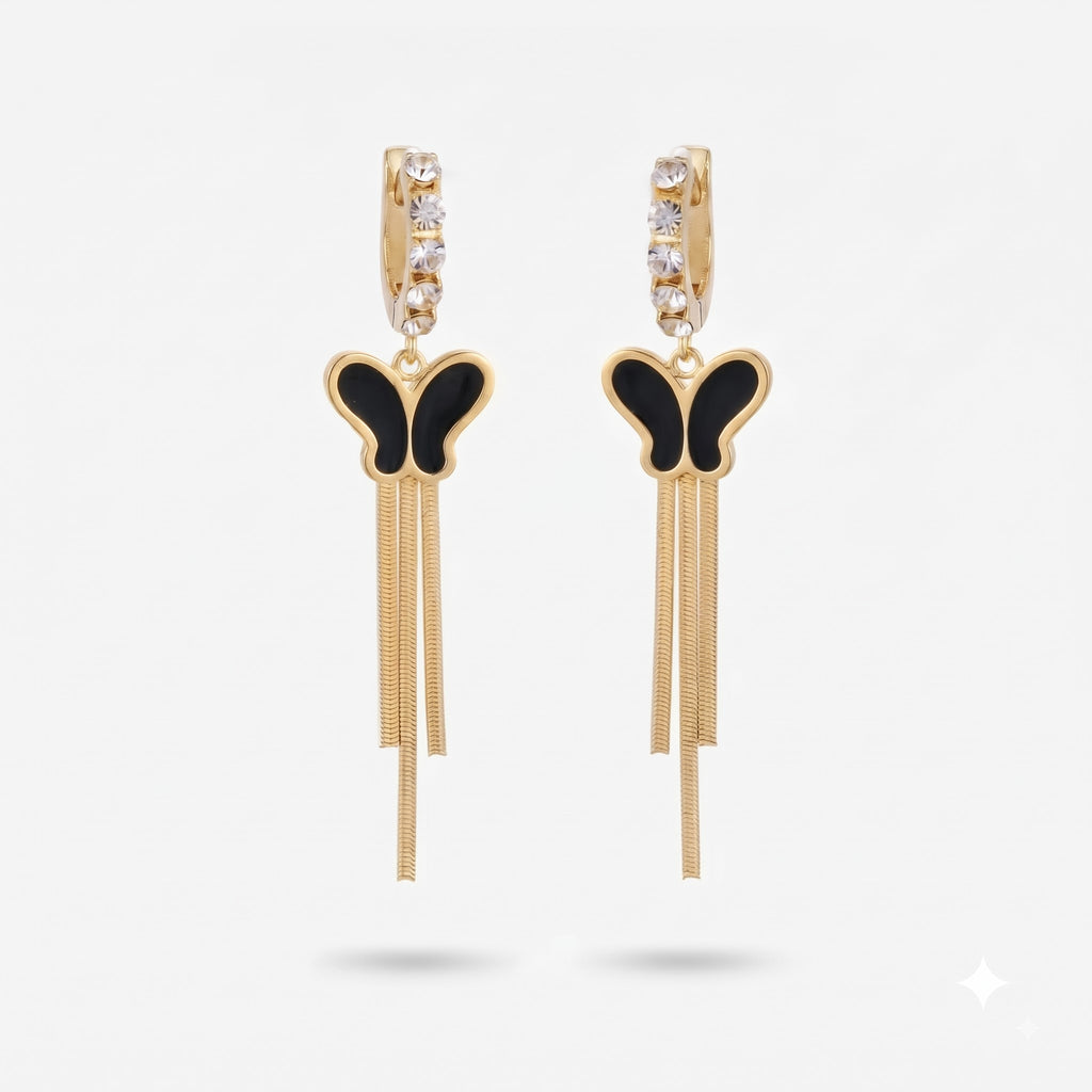 Golden Butterfly Black Enamel Tassel Earrings