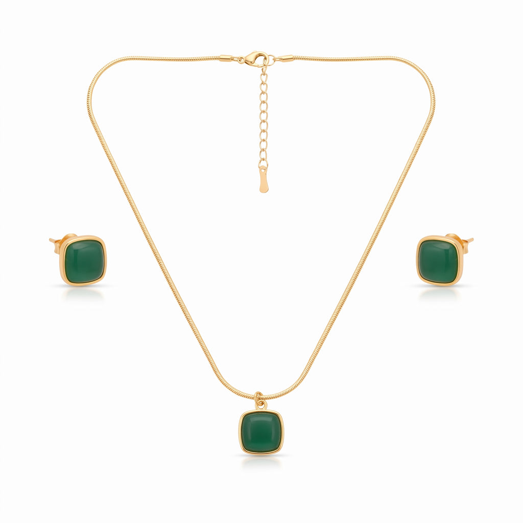 Emerald Green Stone Gold-Tone Necklace Set