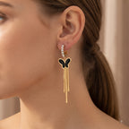 Golden Butterfly Black Enamel Tassel Earrings