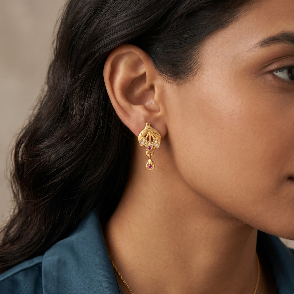 Floral Leaf Ruby Drop Earrings