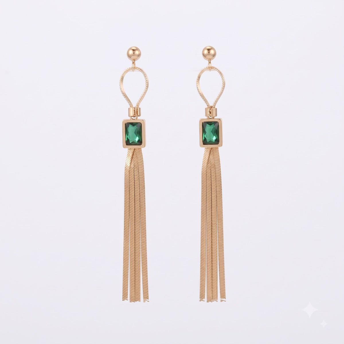 Emerald Green Gemstone Chain Tassel Earrings